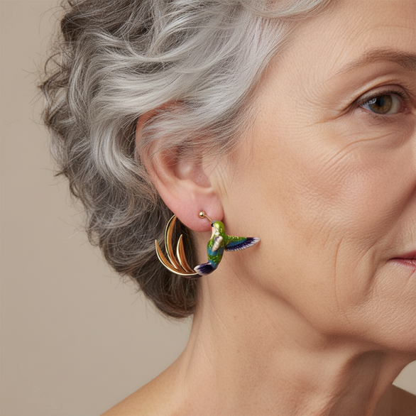 Boucles d'oreilles créoles en émail colibri vintage