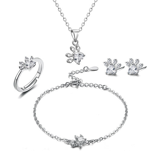 Ensemble de Bijoux Pattes en Or Rose – 4 Pièces avec Cœur en Zirconium (Bague, Collier, Boucles d'Oreilles, Bracelet)