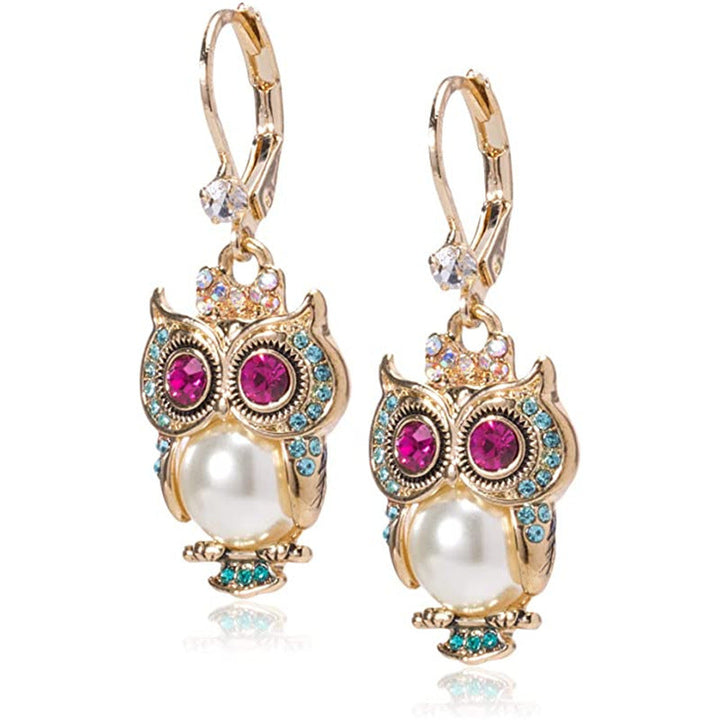 Boucles d'oreilles vintage en cristal de hibou – Cristaux sertis à la main, plaqué or et détail en perle