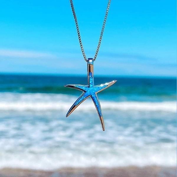 Collier en Opale Bleue et Étoile de Mer en Argent