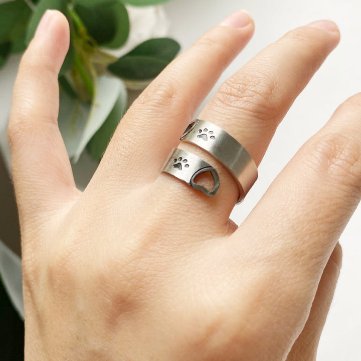 Bague Twist Ajustable Patte & Cœur – Acier Inoxydable