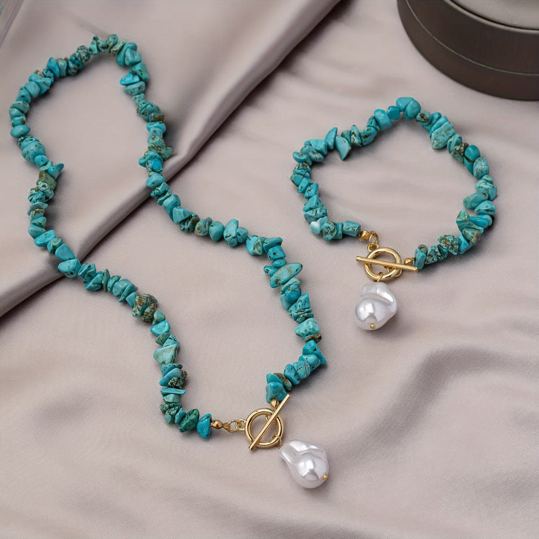 Ensemble de Collier et Bracelet en Turquoise et Perles
