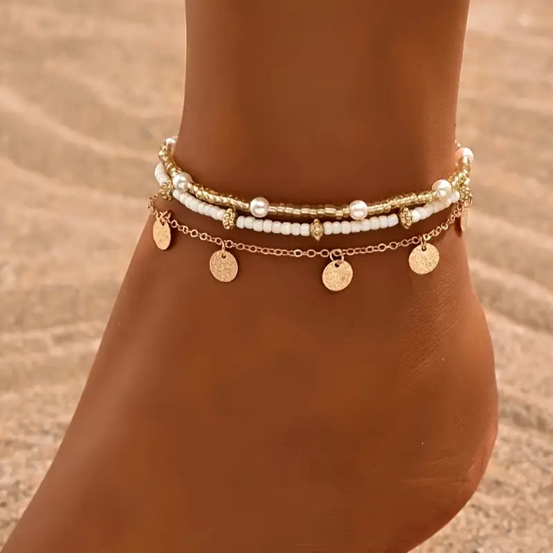 Ensemble de Bracelets de Cheville Superposés 3 Pièces | Or