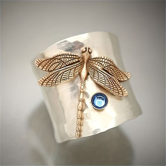 Bague en Argent avec Libellule Dorée Vintage