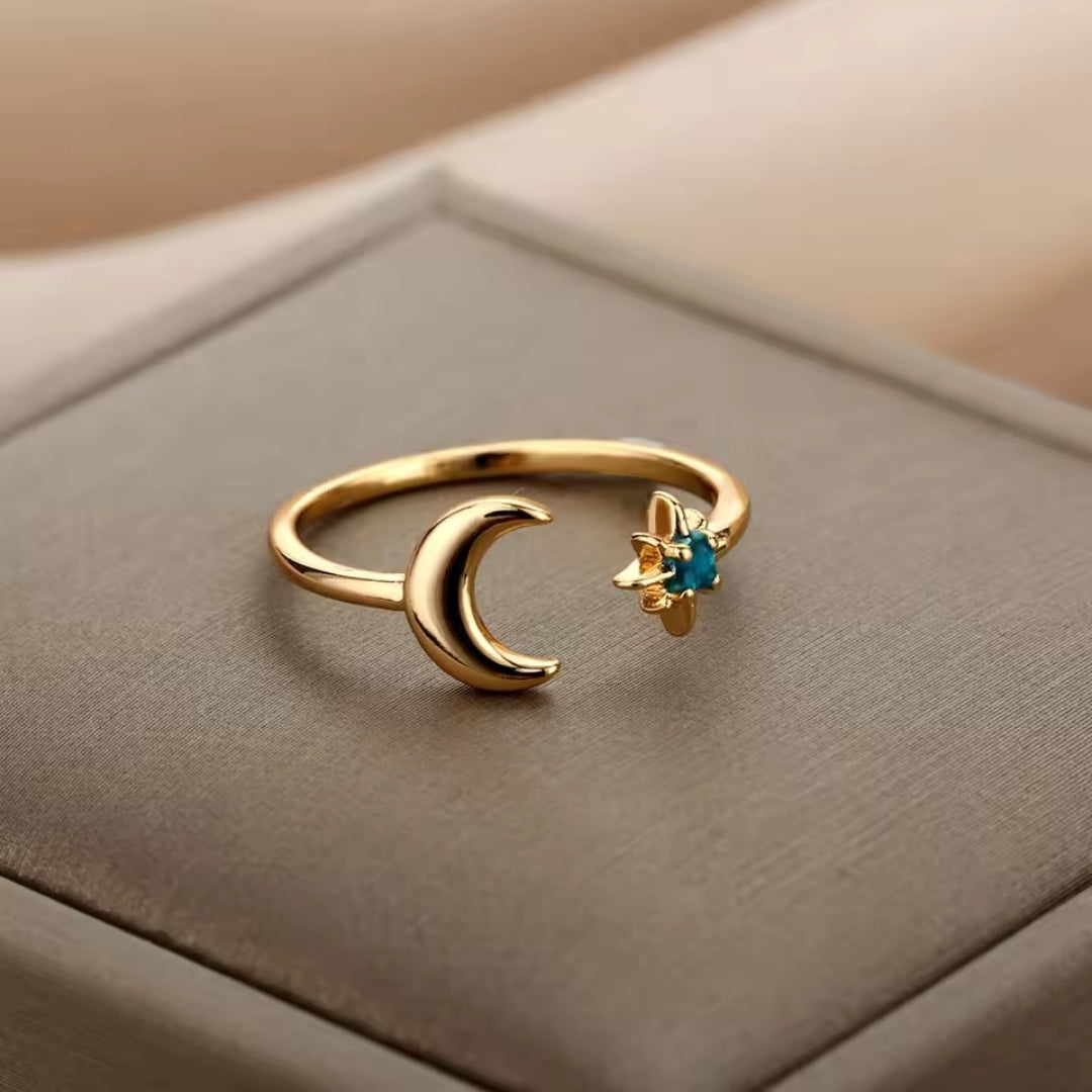 Bague en Cristal Vert Ajustable en Forme de Lune