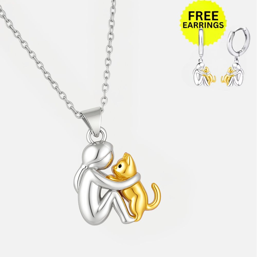 Pendentif Chat en Câlin avec Boucles d'Oreilles Bonus – Offre Limitée