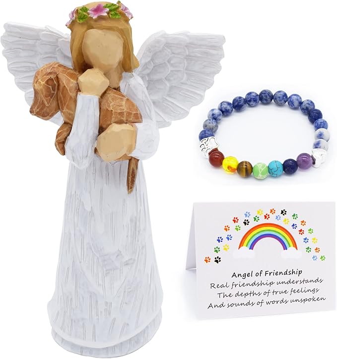 Coffret Cadeau Mémorial pour Chien avec Figurine Ange de l'Amitié & Bracelet Chakra Pont Arc-en-Ciel