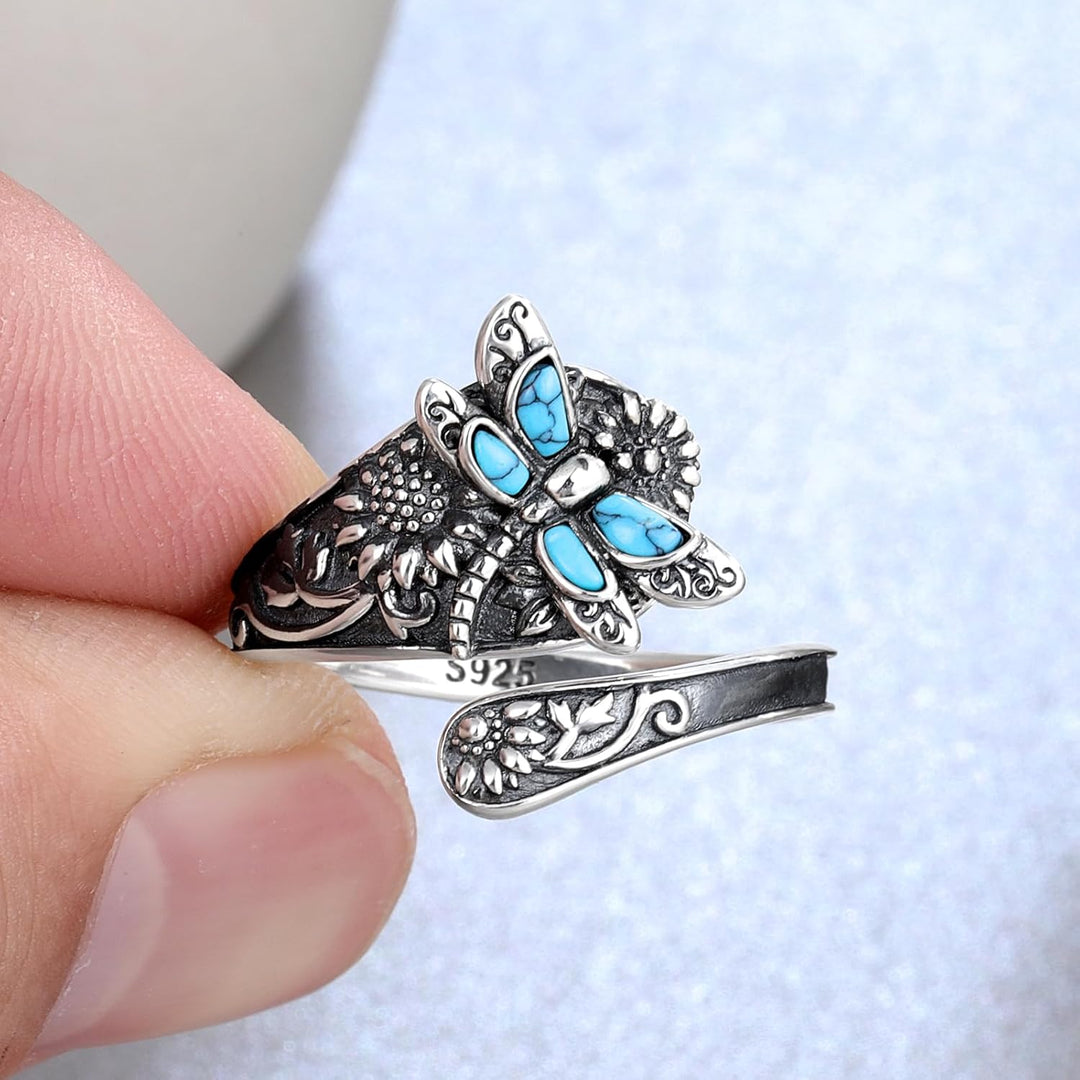 Bague cuillère en argent sterling avec turquoise – Bague vintage boho enroulée avec libellule