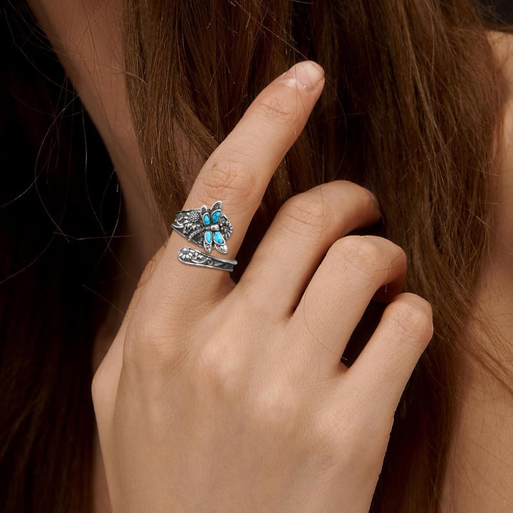 Bague cuillère en argent sterling avec turquoise – Bague vintage boho enroulée avec libellule