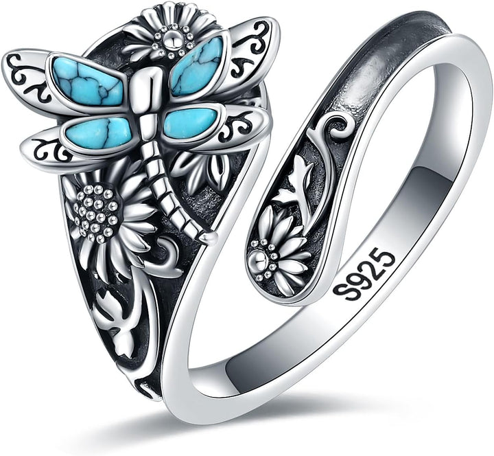 Bague cuillère en argent sterling avec turquoise – Bague vintage boho enroulée avec libellule