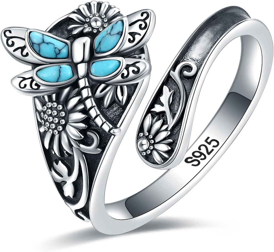 Bague cuillère en argent sterling avec turquoise – Bague vintage boho enroulée avec libellule