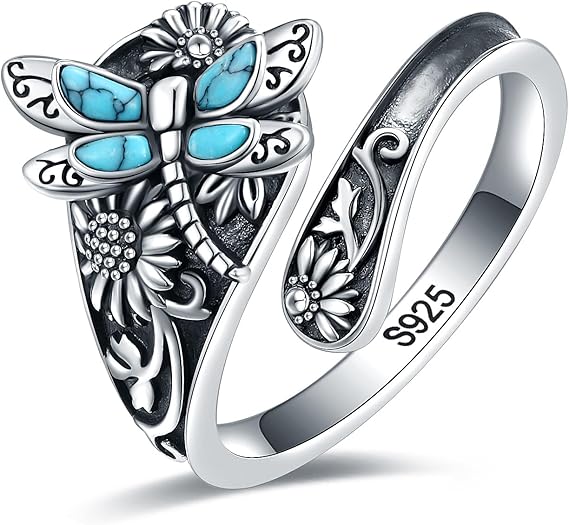 Bague cuillère en argent sterling avec turquoise – Bague vintage boho enroulée avec libellule