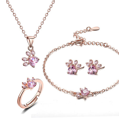 Ensemble de Bijoux Pattes en Or Rose – 4 Pièces avec Cœur en Zirconium (Bague, Collier, Boucles d'Oreilles, Bracelet)