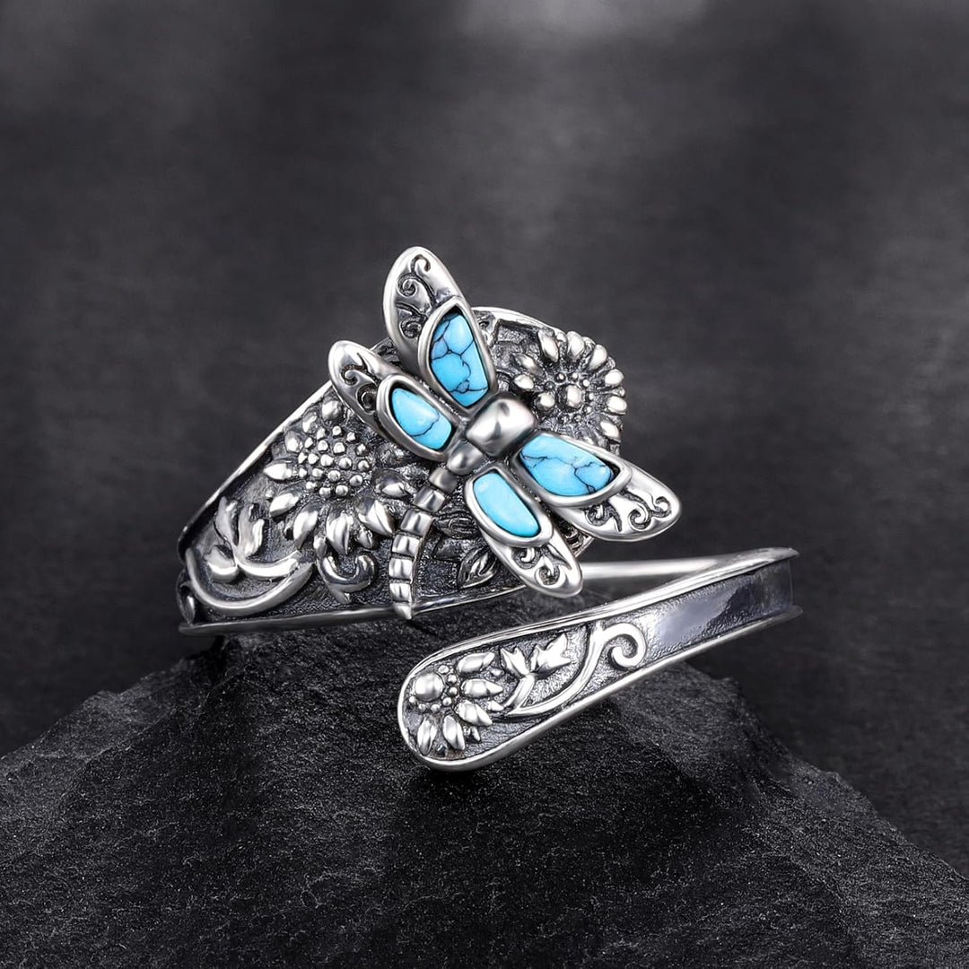 Bague cuillère en argent sterling avec turquoise – Bague vintage boho enroulée avec libellule