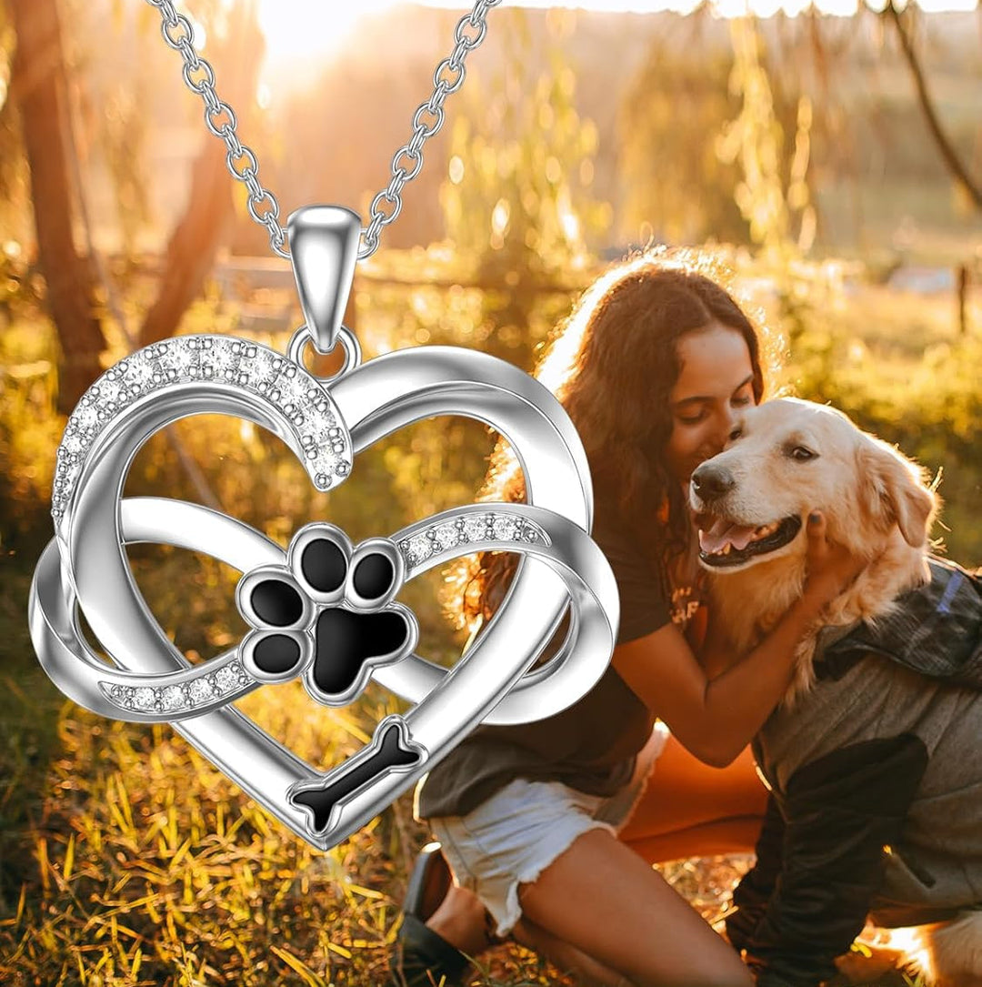 Collier Infini Coeur & Patte en Argent Sterling 925 avec Zirconia