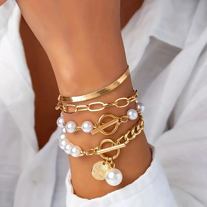 Ensemble de Bracelets Chic en Or 4 Pièces – Serpent, Perles & Maillons | Or