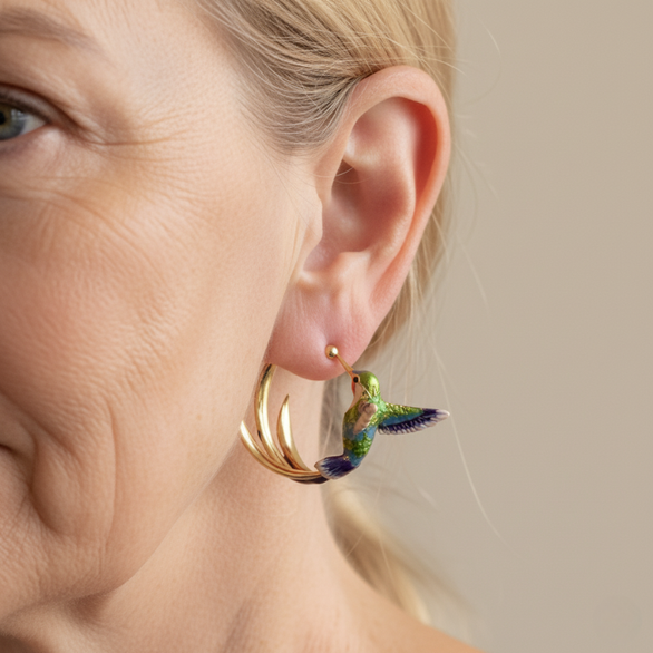 Boucles d'oreilles créoles en émail colibri vintage