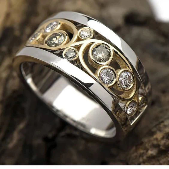 Bague Vintage en Or et Argent avec Zirkonia en Forme de Lierre