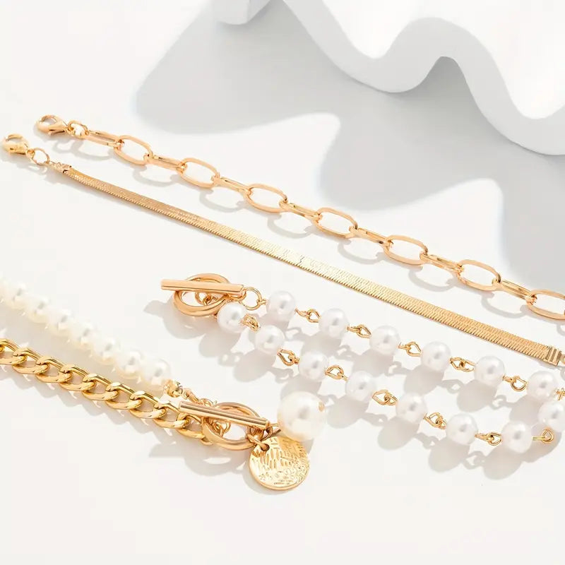 Ensemble de Bracelets Chic en Or de 4 Pièces – Serpent, Perles & Maillons | Or