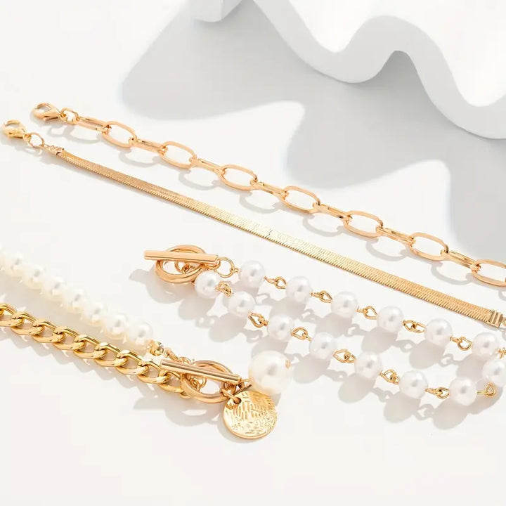 Ensemble de Bracelets Chic en Or de 4 Pièces – Serpent, Perles & Maillons | Or