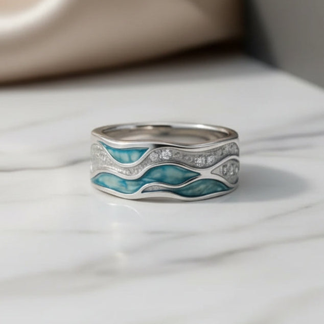 Bague en Argent Turquoise avec Vagues