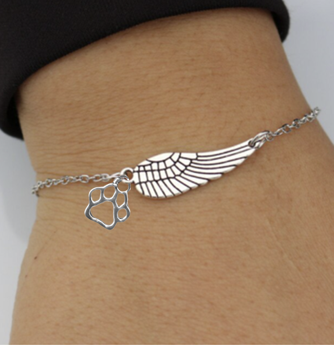 Bracelet commémoratif en argent avec aile d'ange et empreinte de patte | Fait à la main