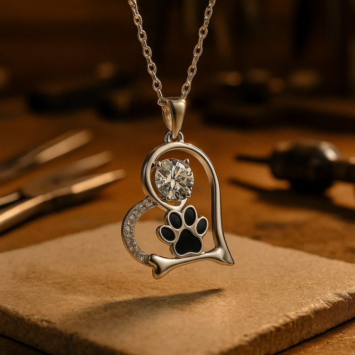 Collier en argent fait main avec empreinte de patte de chien et os en zirconium