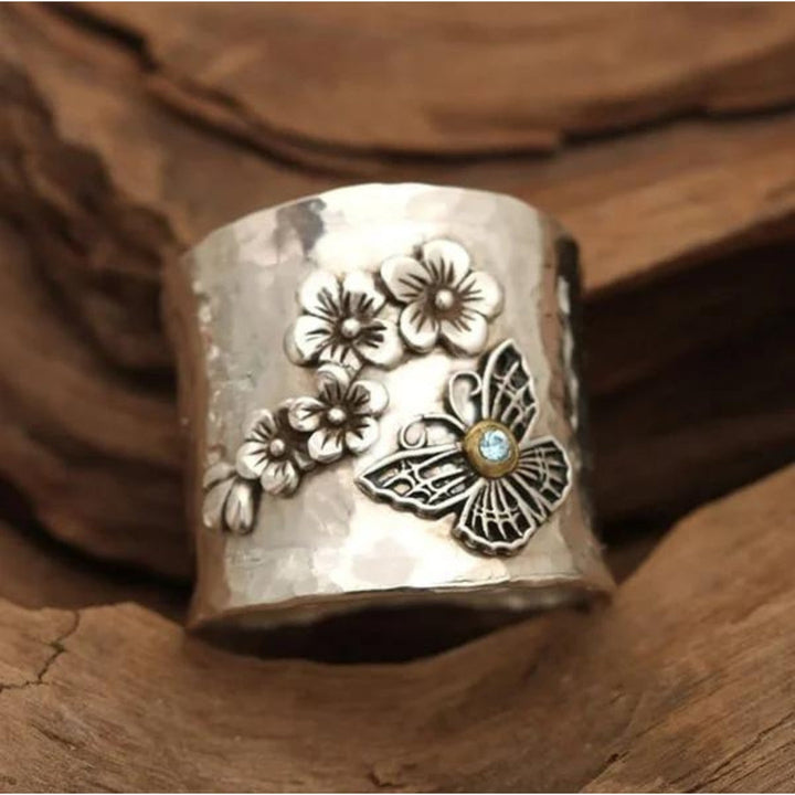 Bague Large en Argent avec Abeille, Fleur et Papillon
