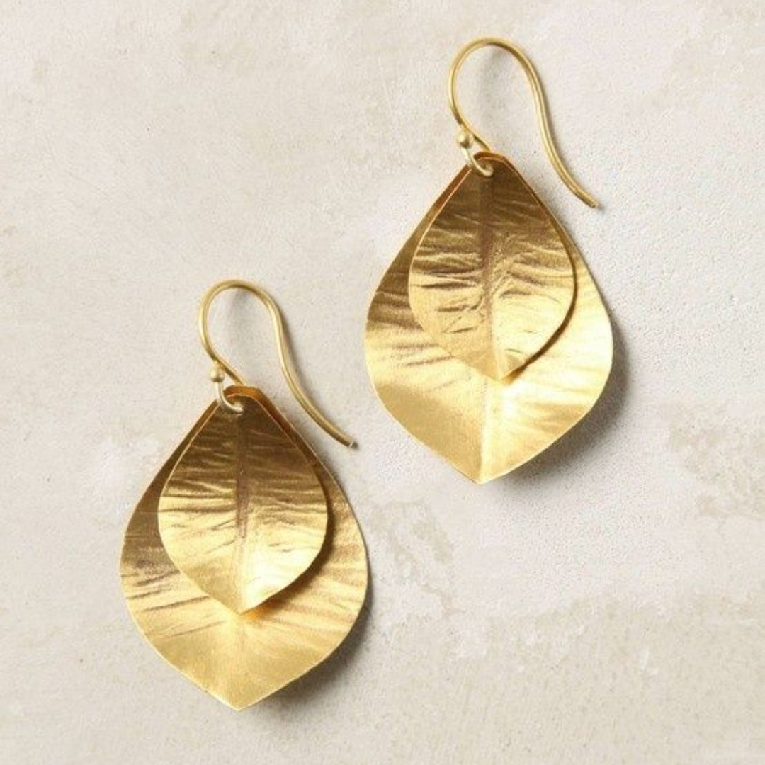 Boucles d'oreilles vintage à double feuille dorée