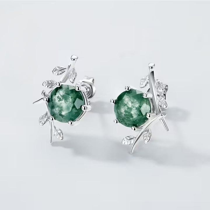 Boucles d'oreilles en argent avec feuilles de mousse agate