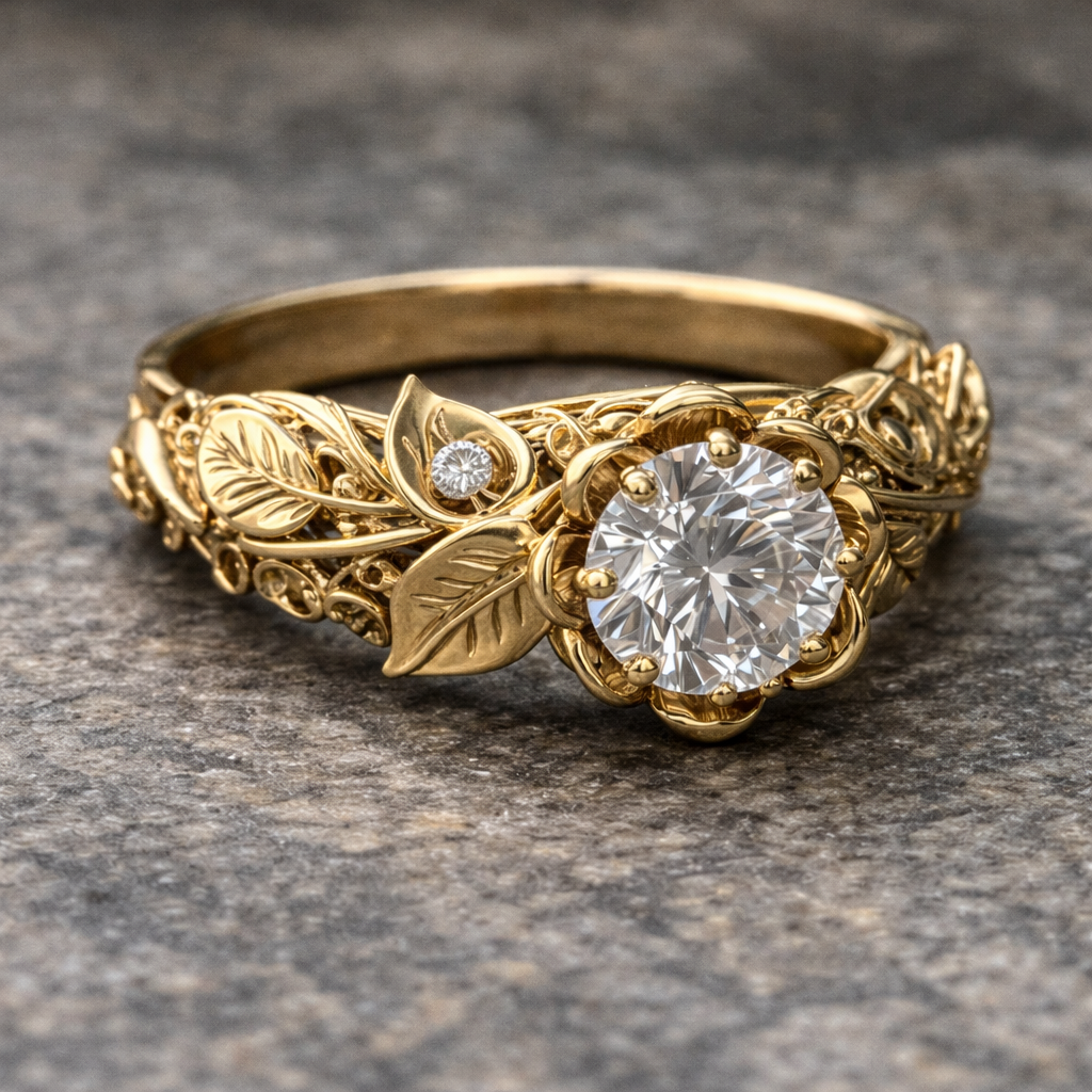 Bague en Zirconium Feuille Dorée