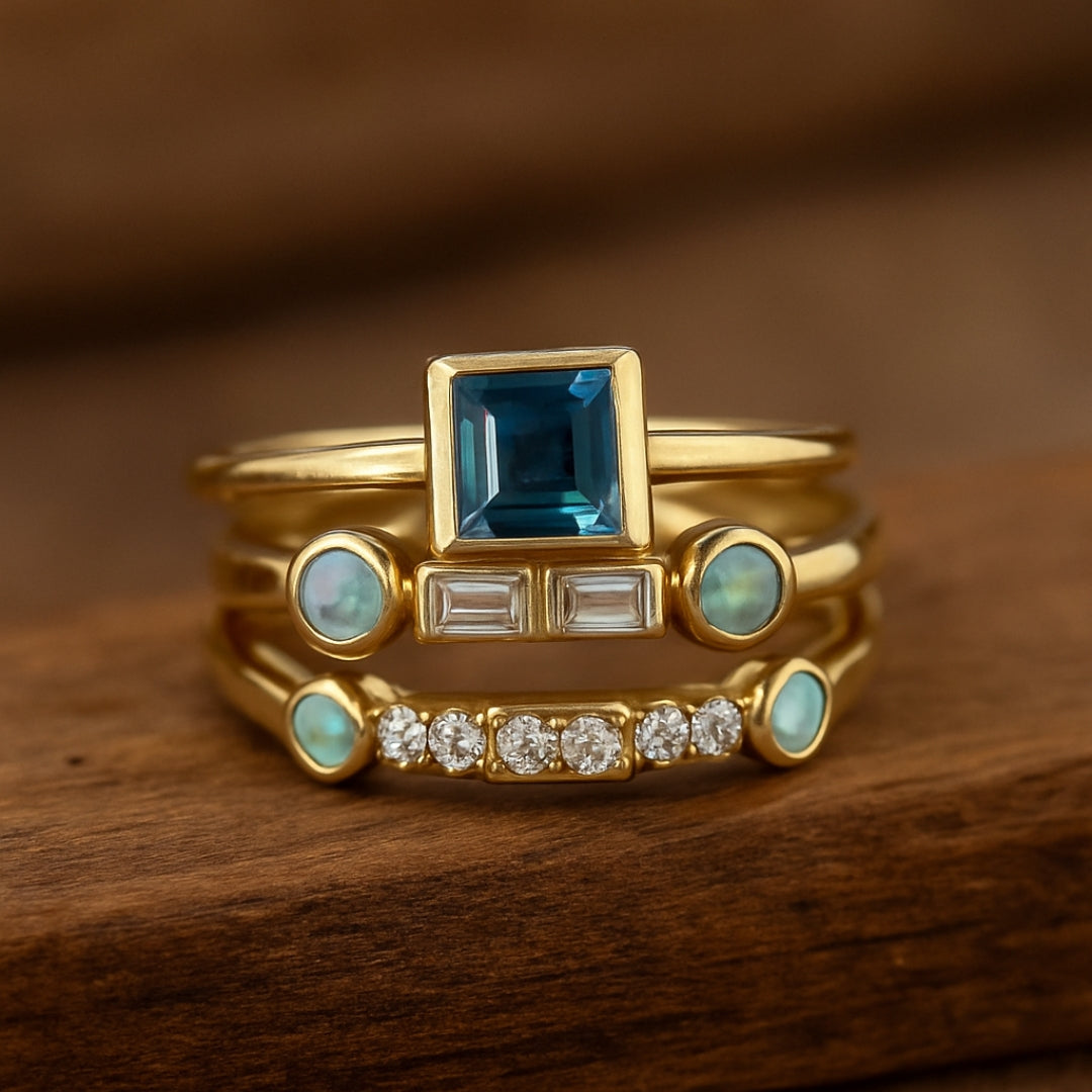 Ensemble de Bagues en Cristal Bleu Vintage