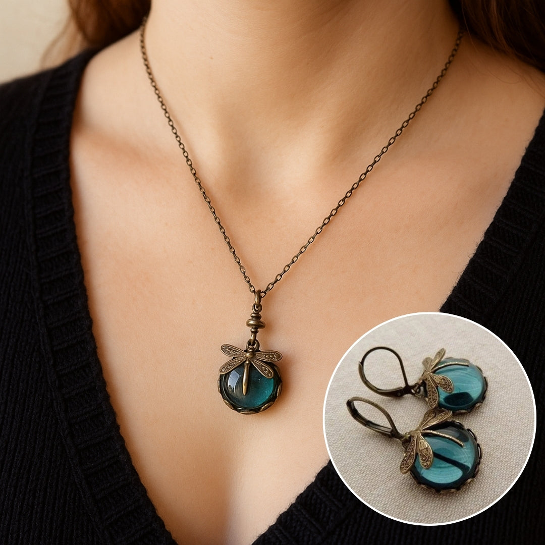 Magnifique collier vintage en libellule avec boucles d'oreilles bonus – Offre limitée