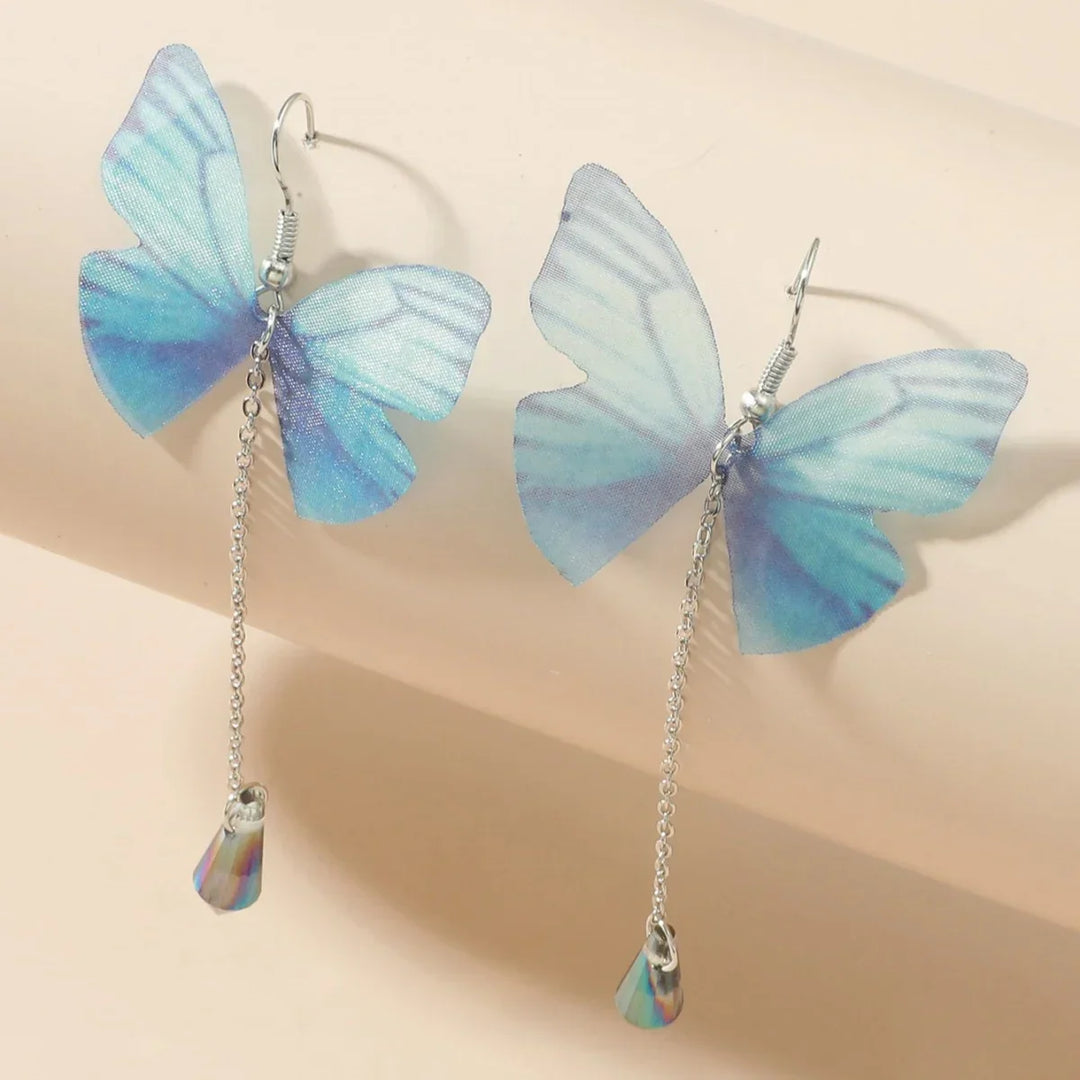 Boucles d'oreilles en cristal de papillon bleu avec pampilles