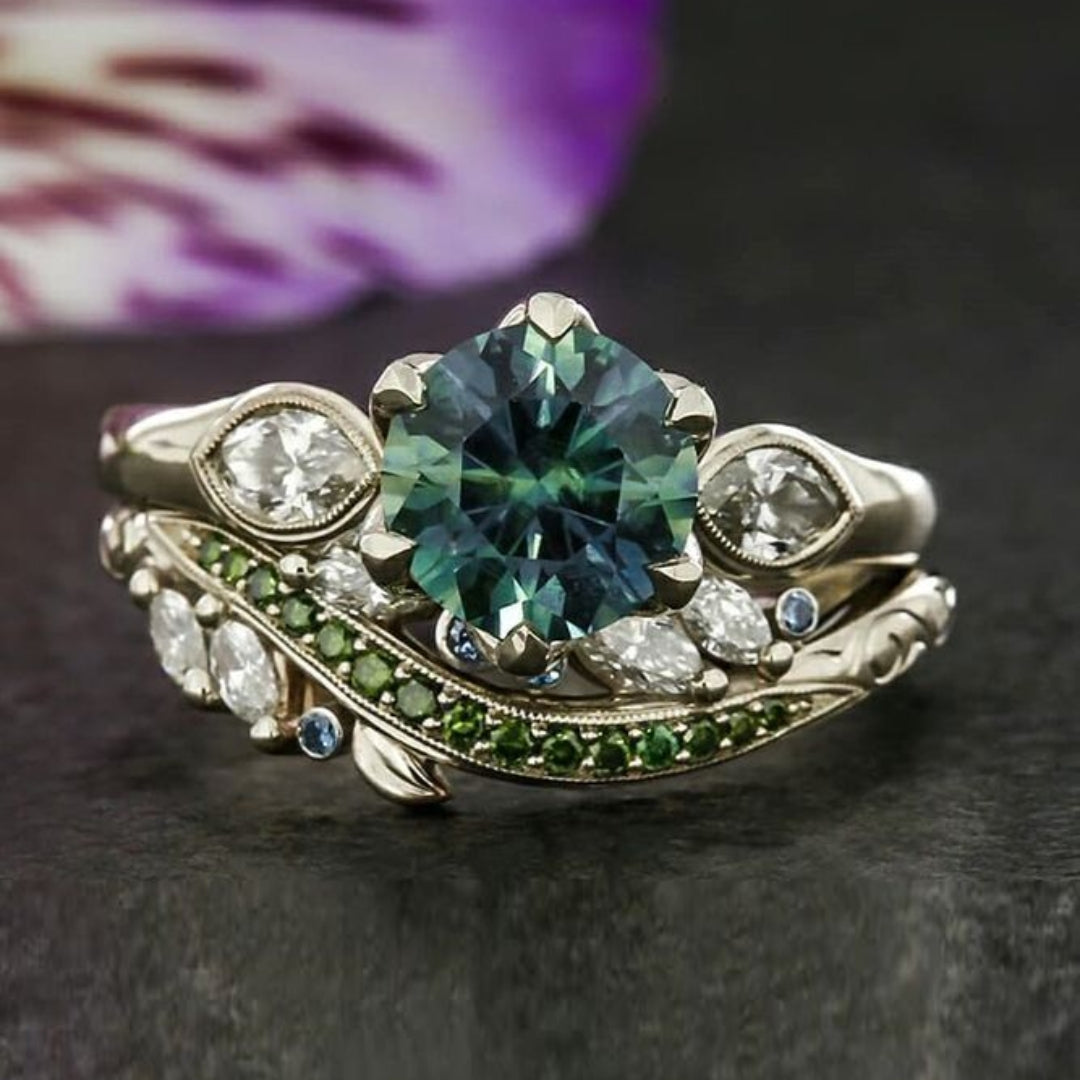 Bague en Argent Nature avec Œil en Zirconium Vert Arrondi