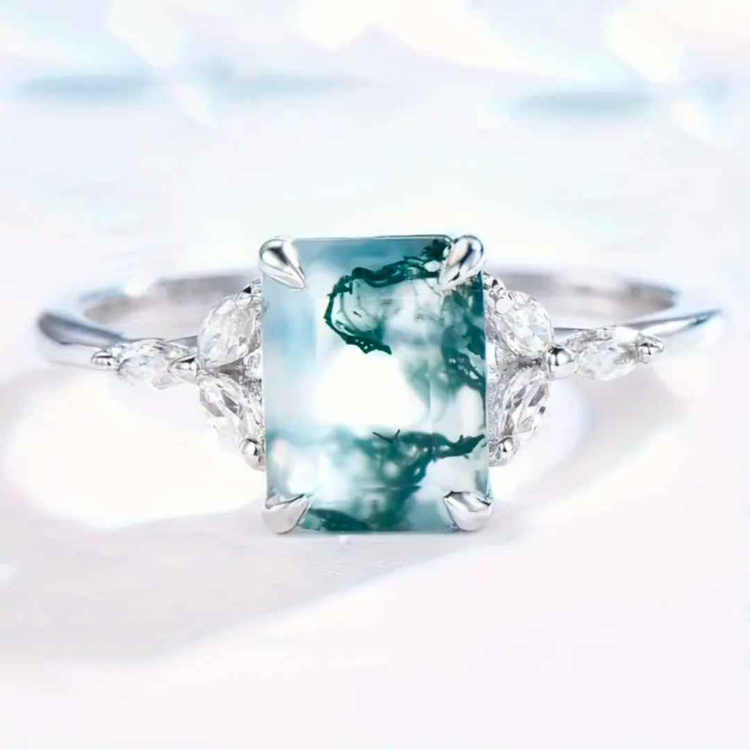 Bague en Zirconium avec Pierre Cubique en Agate Mousse