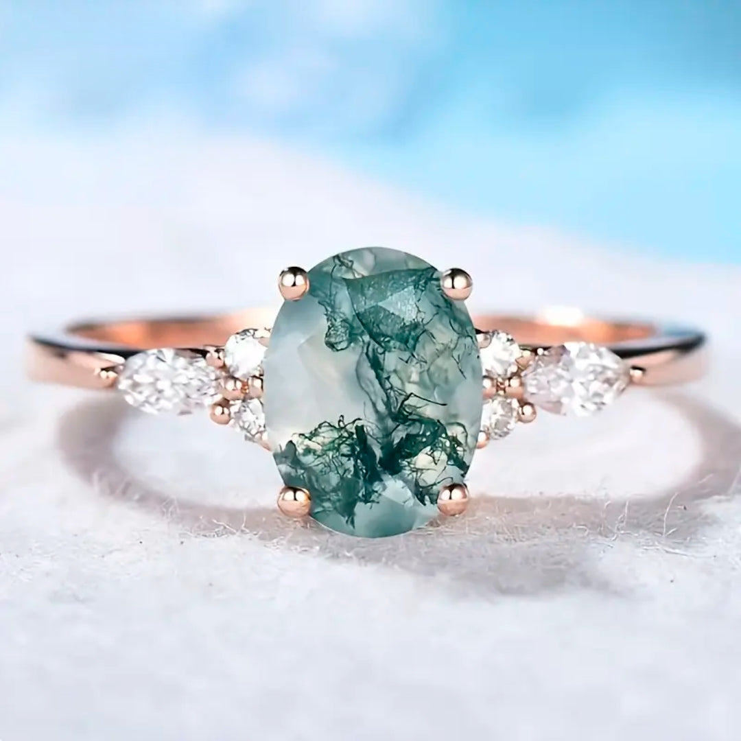 Bague en or avec zirconia en agate mousse arrondie