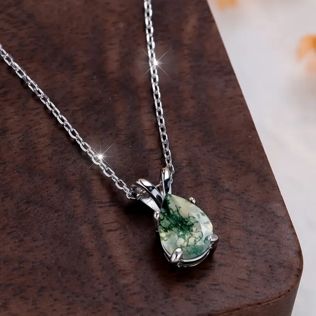 Collier en Argent avec Goutte de Agate Mousse