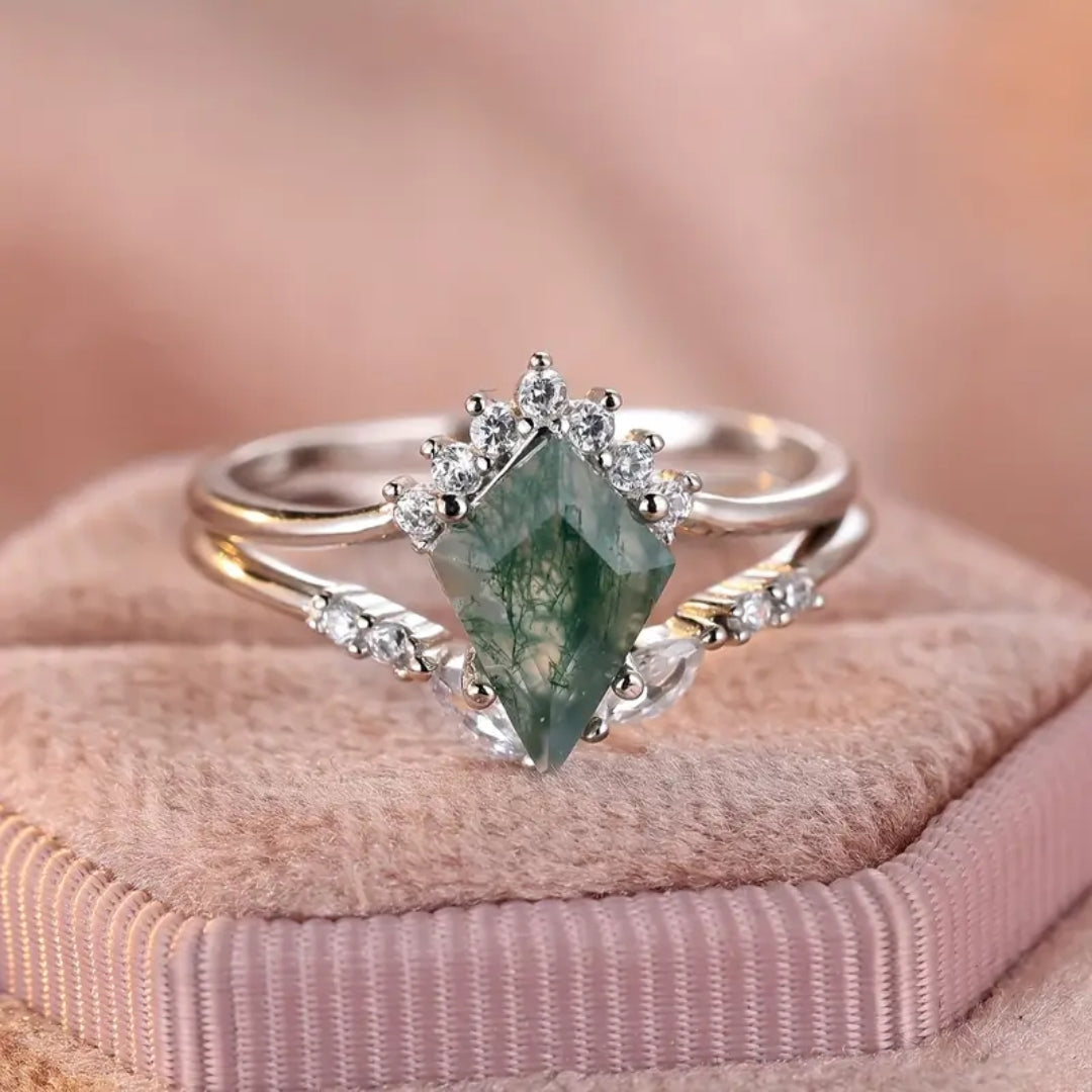 Bague en Argent Superposée avec Agate Mousse