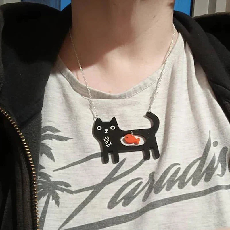 Collier Pendentif Acrylique Chat & Poisson Fantaisie
