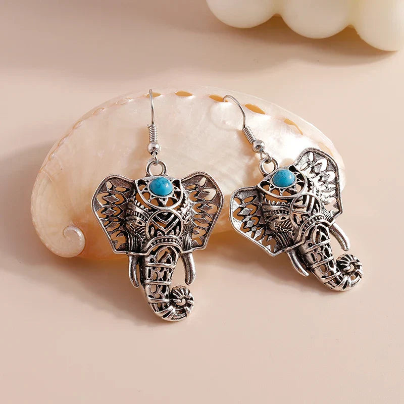 Boucles d'oreilles pendantes éléphant vintage en argent bohémien