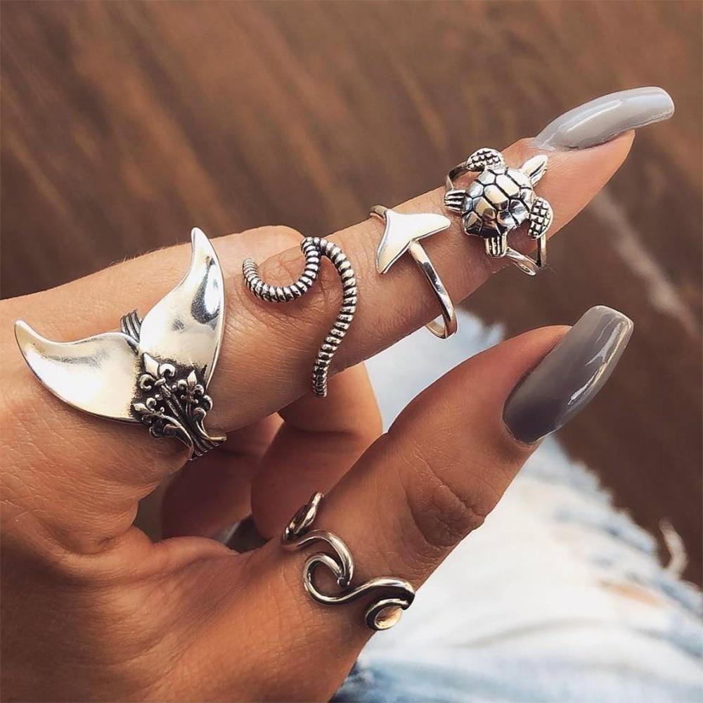 Pack de 5 Anneaux de la Mer en Argent Antique