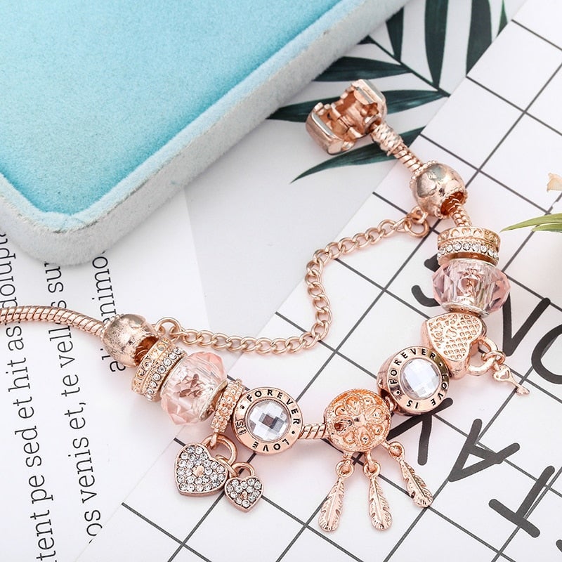 Bracelet Capteur de Rêves Rose avec Charms Inclus en Argent Sterling