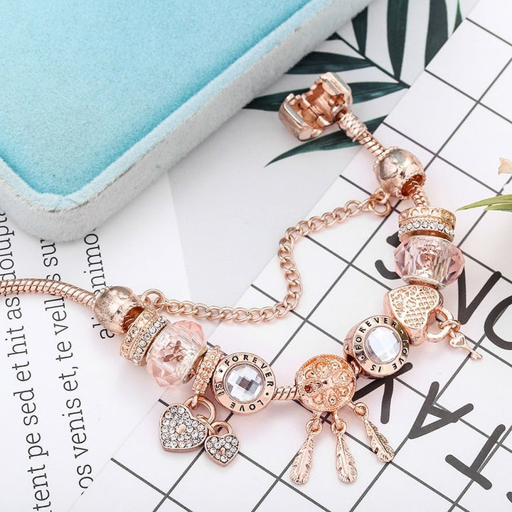 Bracelet Capteur de Rêves Rose avec Charms Inclus en Argent Sterling