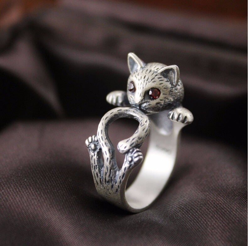 Bague en Argent Sterling 925 Peinte à la Main et Ajustable en Forme de Chat