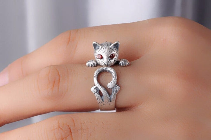 Bague Ajustable en Argent Sterling 925 Peinte à la Main avec un Chat