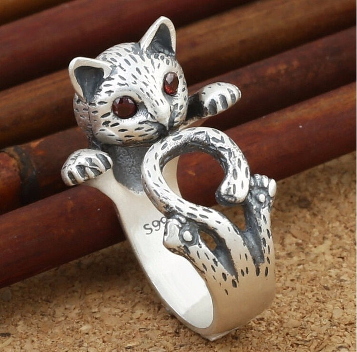 Bague en Argent Sterling 925 Peinte à la Main et Ajustable en Forme de Chat
