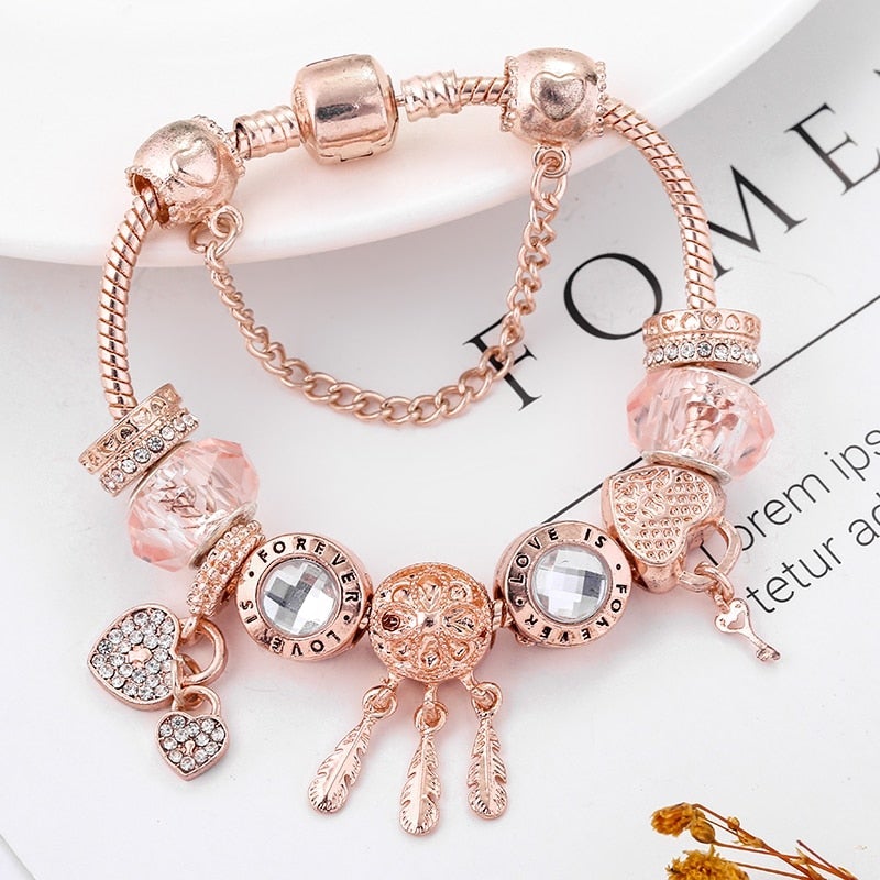 Bracelet Capteur de Rêves Rose avec Charms Inclus en Argent Sterling