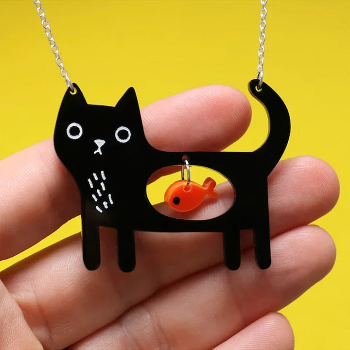 Collier Pendentif Acrylique Chat & Poisson Fantaisie