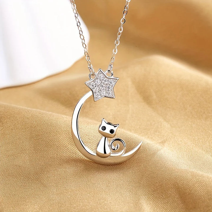 Collier en argent sterling avec chat, lune et étoile